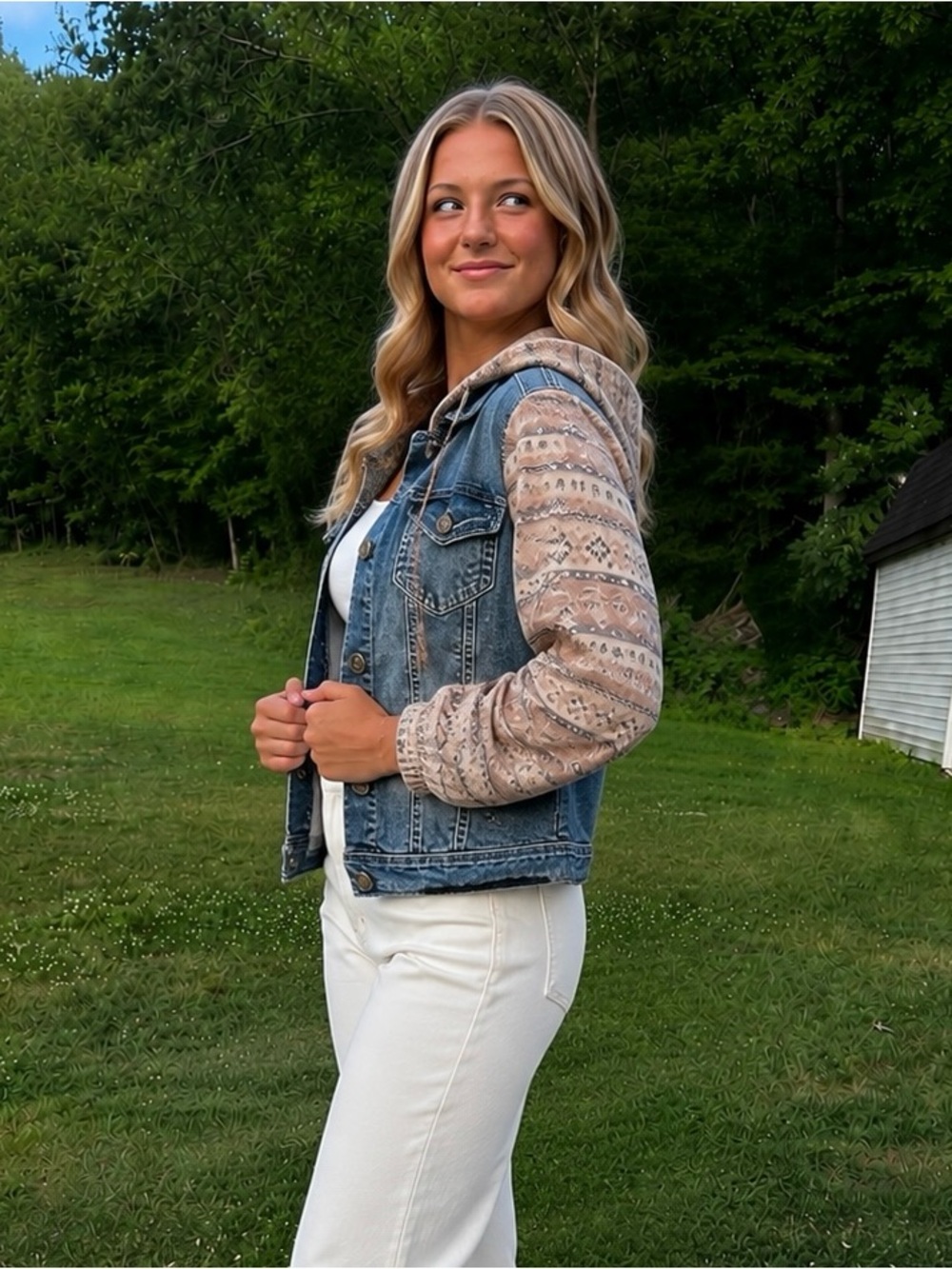 Wallflower Blue Denim Hooded Jacket with Cream Patterned Sleeves